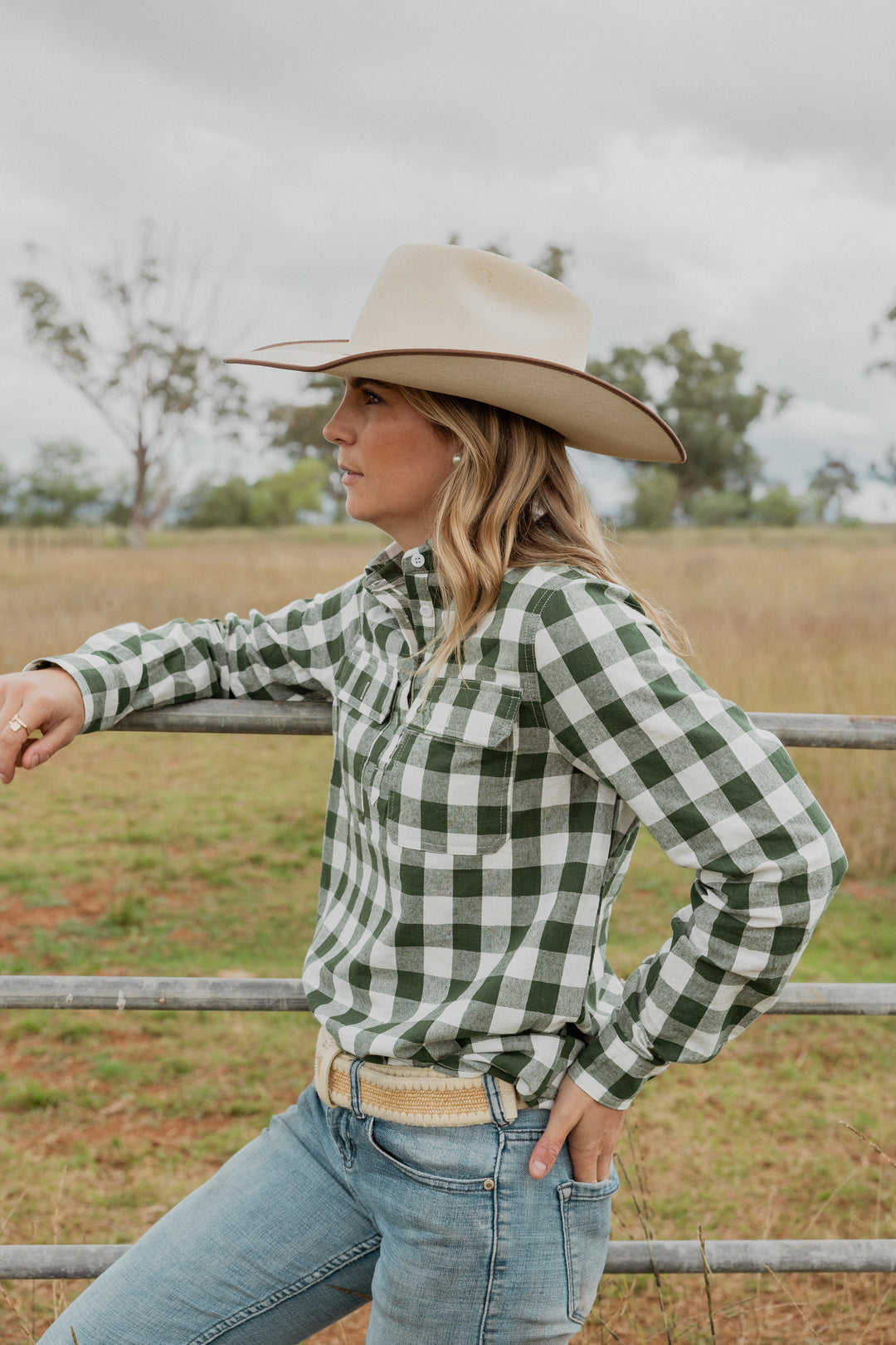 Premium Women’s 100% Cotton Work Shirt - Khaki Gingham | Stylish & Durable