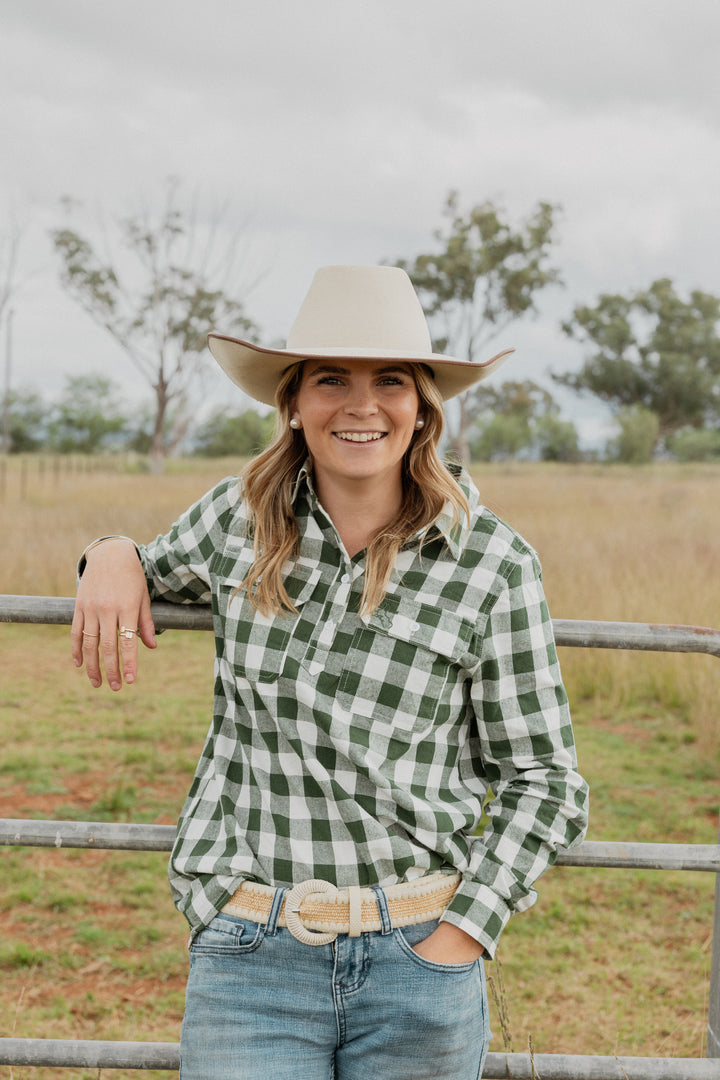 Premium Women’s 100% Cotton Work Shirt - Khaki Gingham | Stylish & Durable