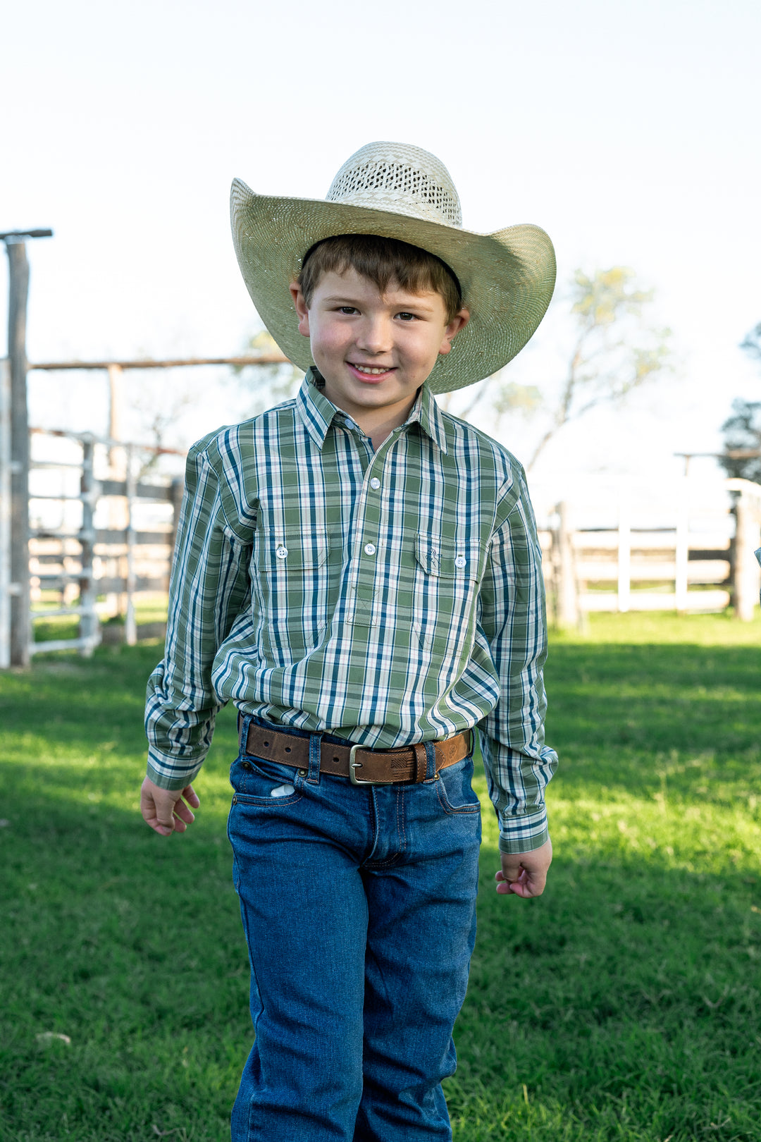 Boys - Half Button - Green & Blue Check