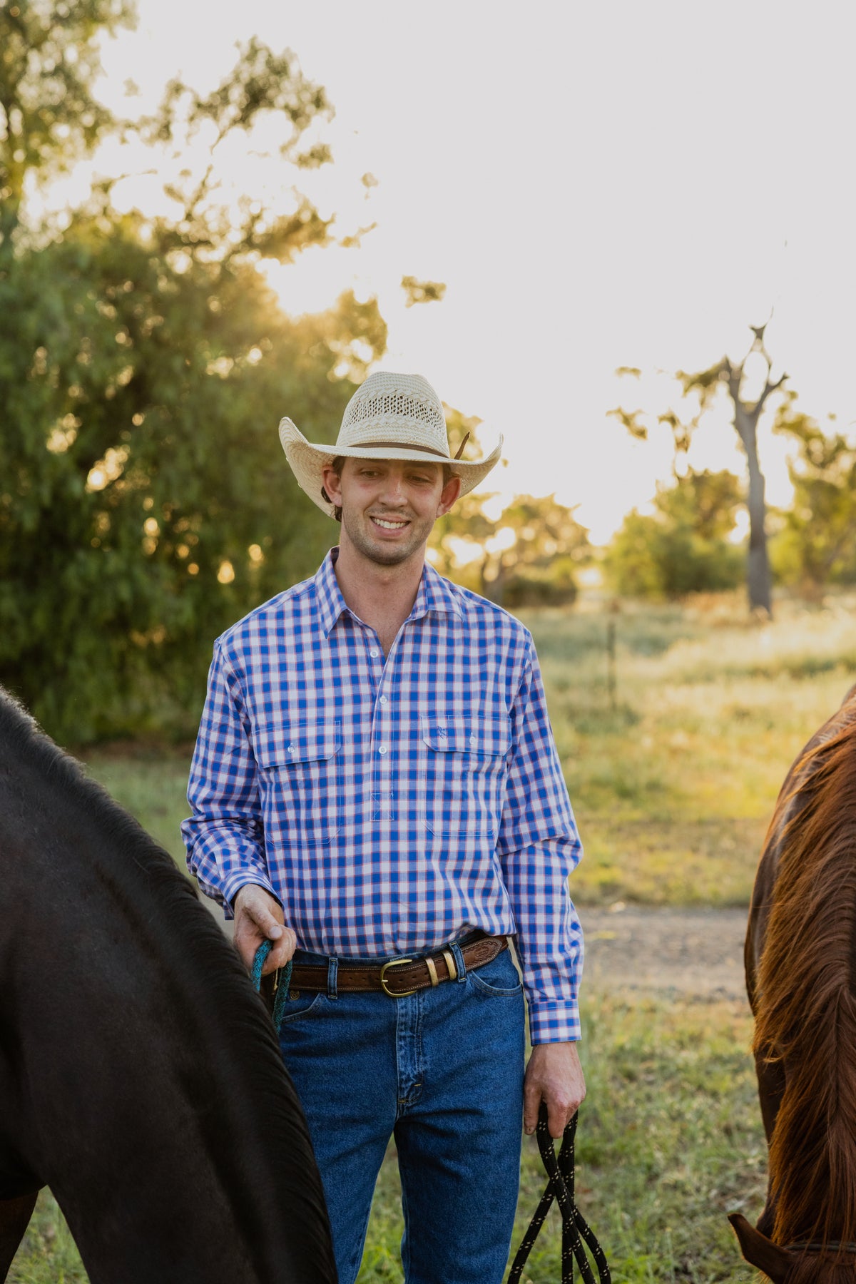 Men's Long Sleeve Shirt - Blue & Orange Check