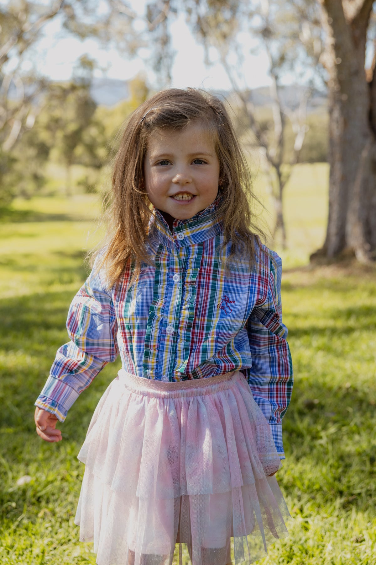Girls Kirby Shirt - Blue Rainbow Check