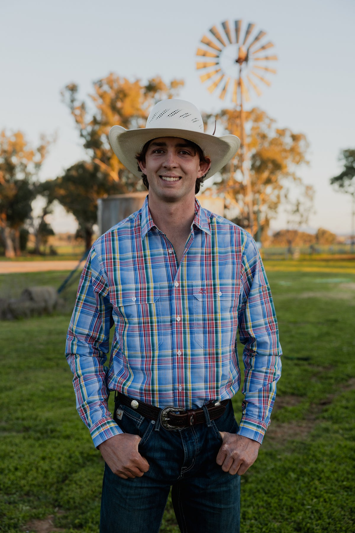 Mens Long Sleeve | FULL button | Blue Rainbow Check