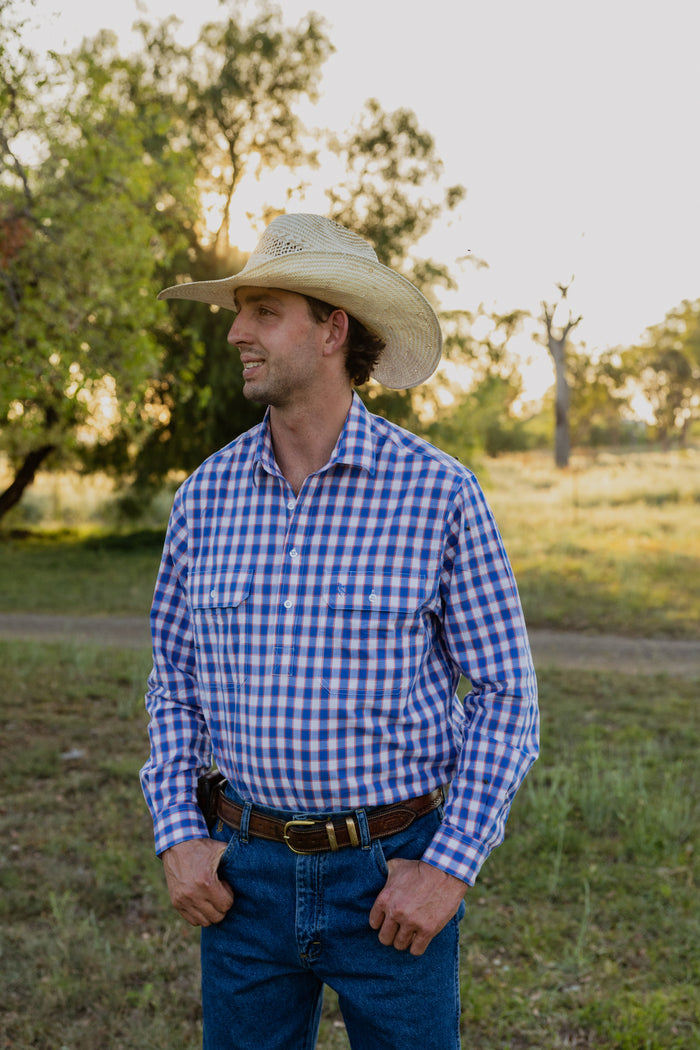 Mens Long Sleeve Shirt, Blue and Orange Check