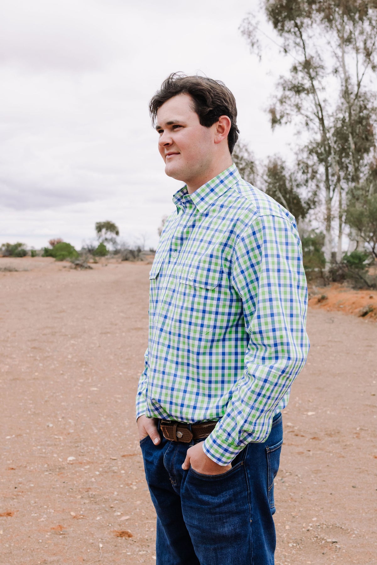 Men's Half Button Shirt - Green & Blue Check