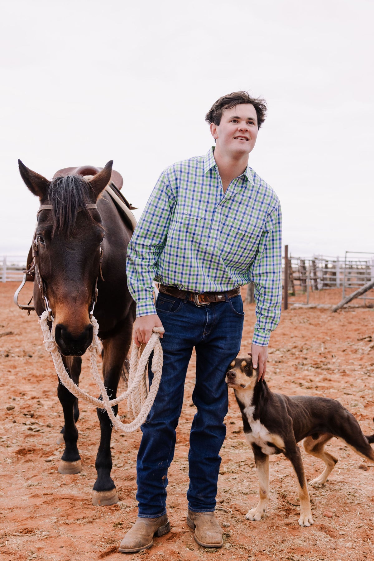 Men's Half Button Shirt - Green & Blue Check