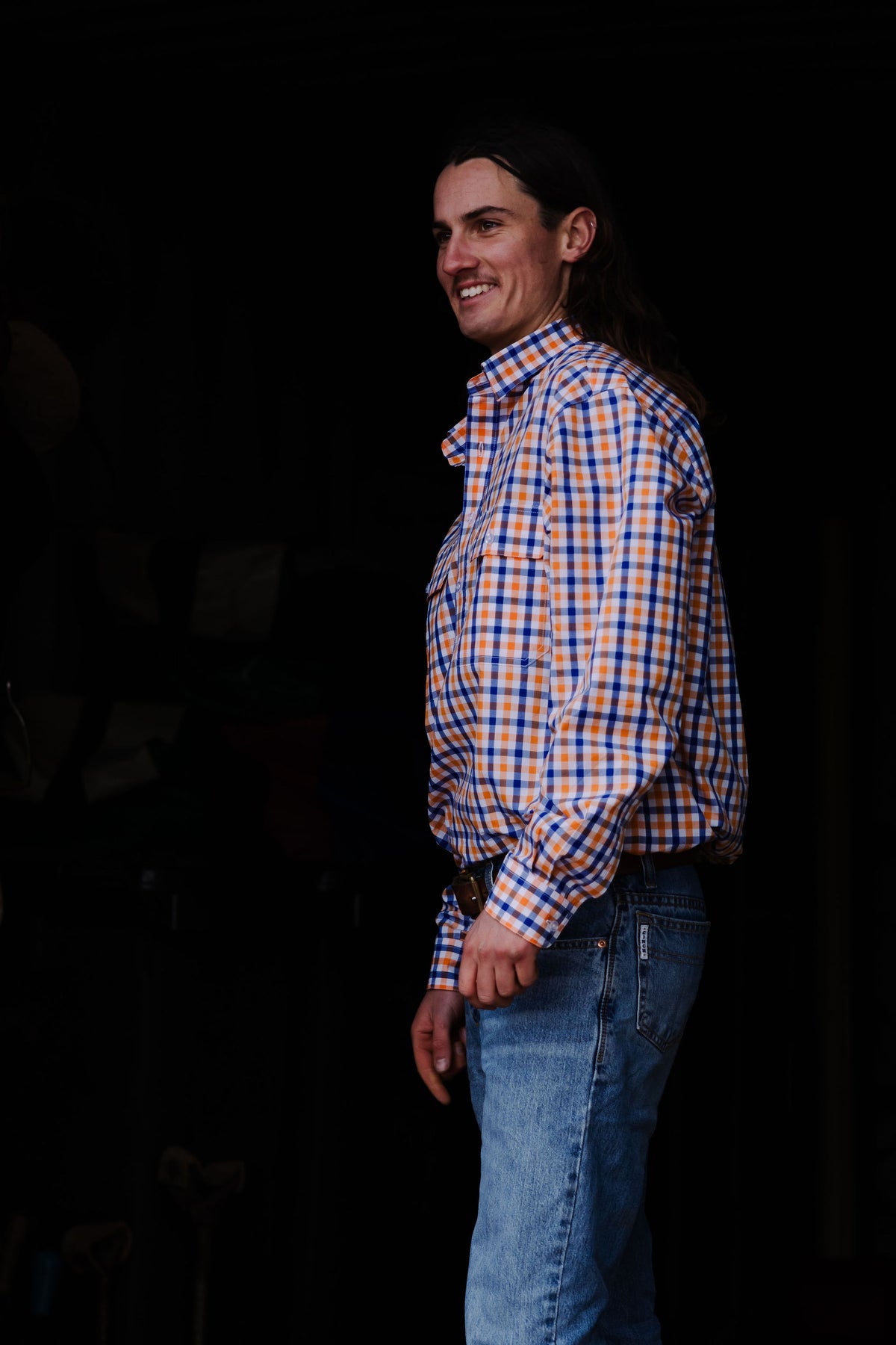 Men's Half Button Shirt - Orange & Blue Check