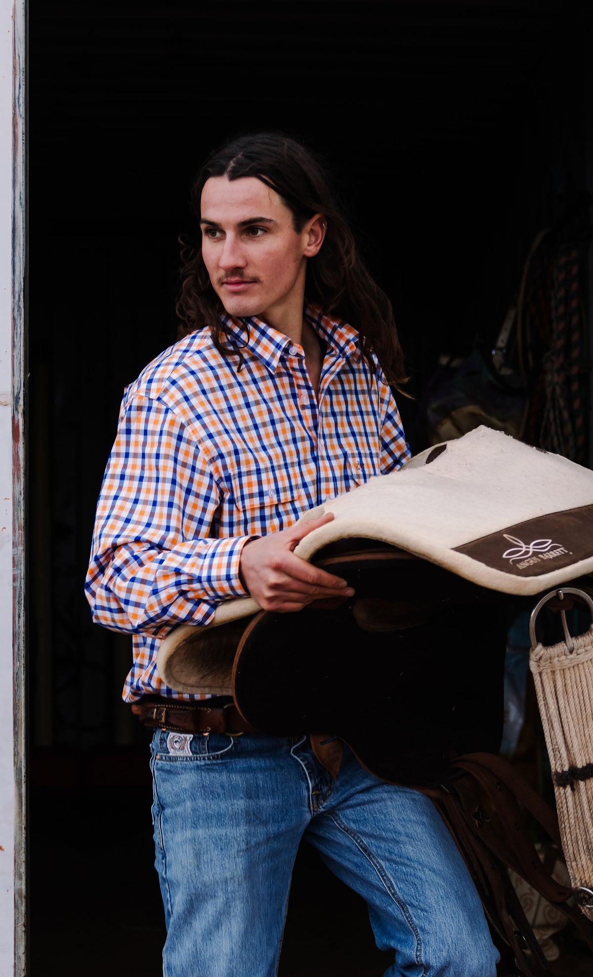 Men's Half Button Shirt - Orange & Blue Check