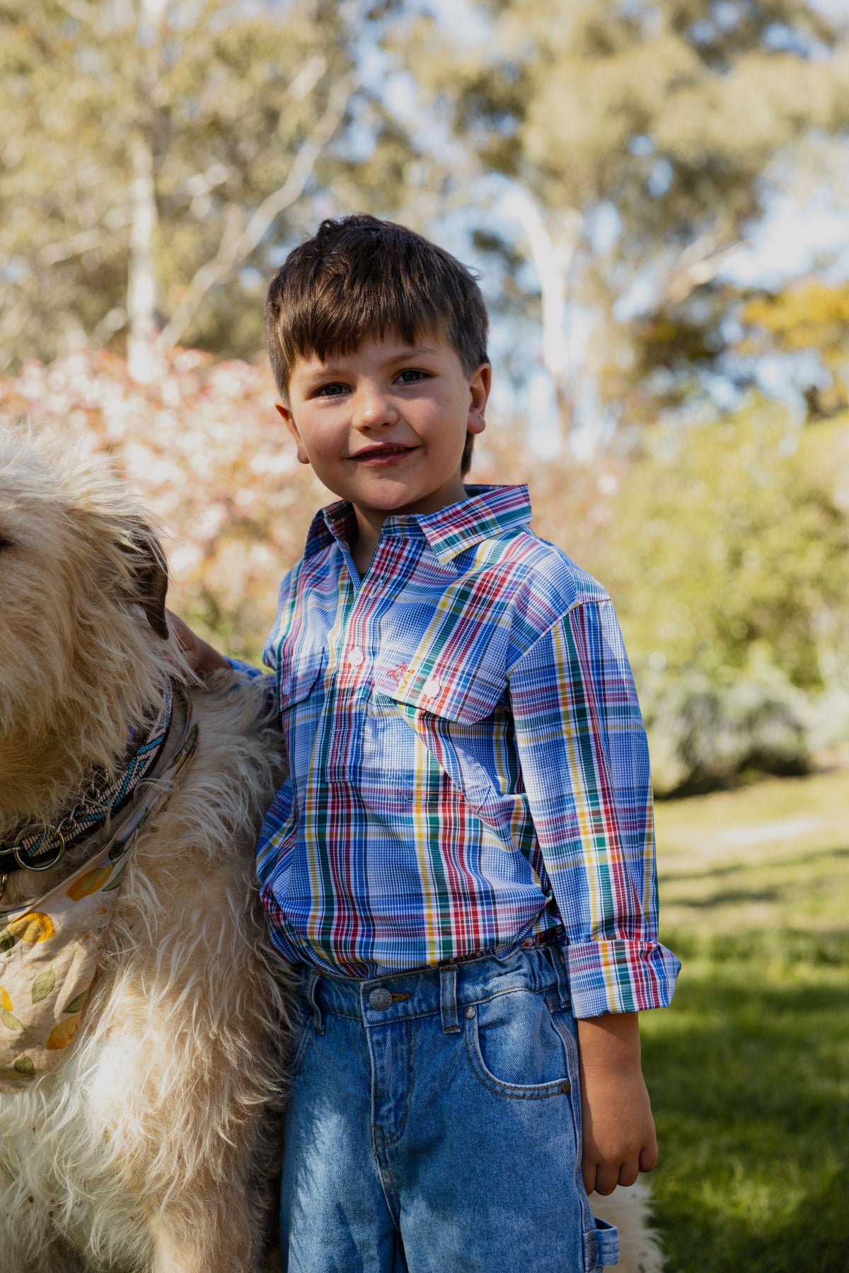 Boys - Half Button - Blue Rainbow Check