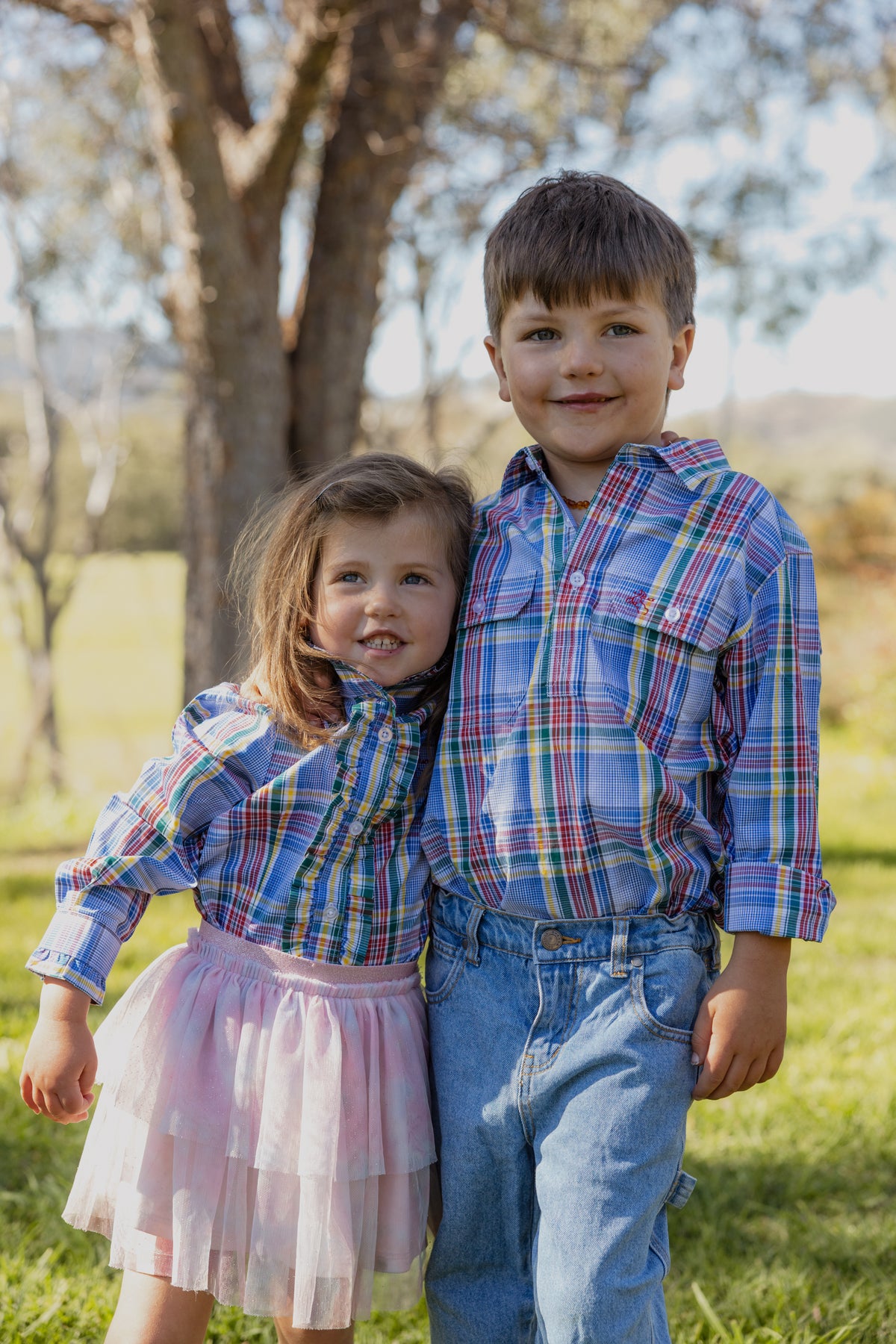 Girls Kirby Shirt - Blue Rainbow Check