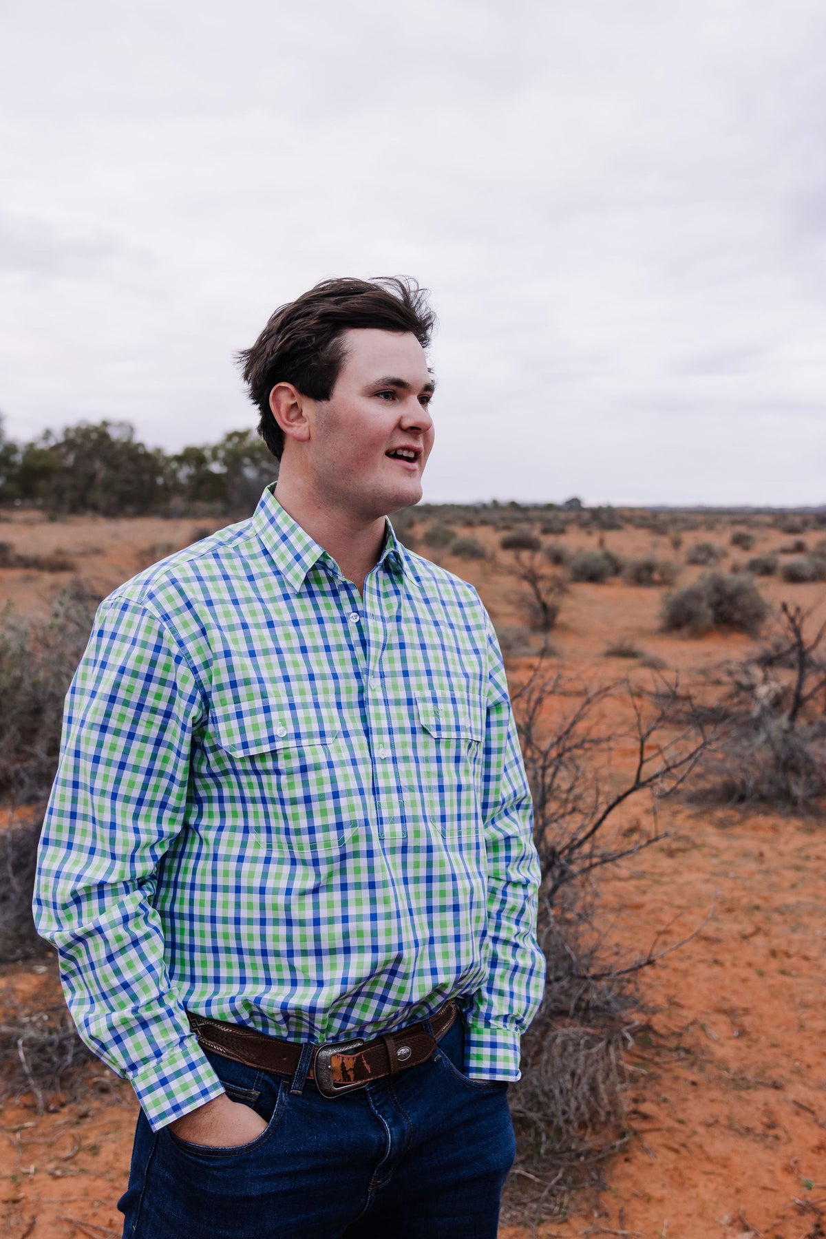 Men's Half Button Shirt - Green & Blue Check
