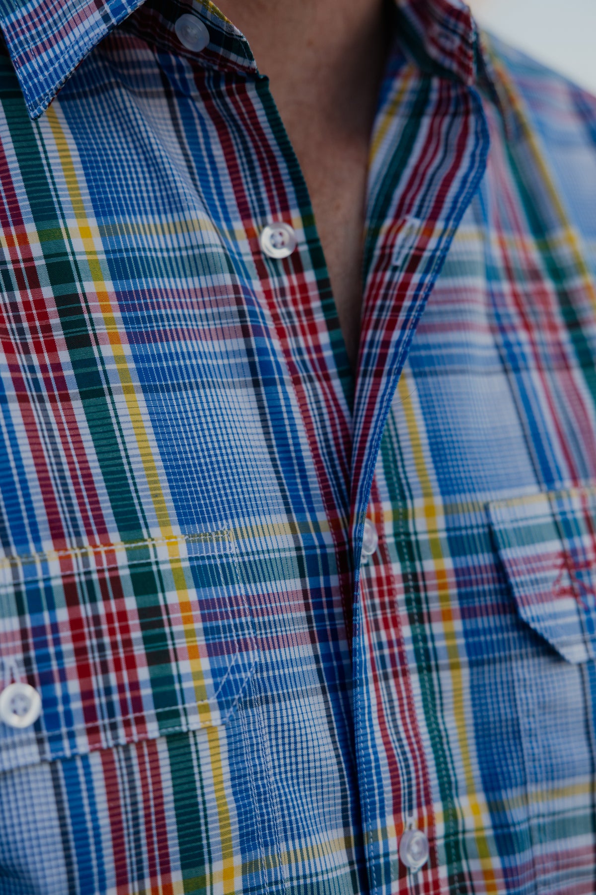 Mens Long Sleeve | FULL button | Blue Rainbow Check