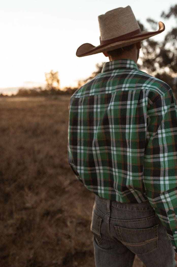 Mens Half Button Shirt - Green, Blue & Orange Plaid