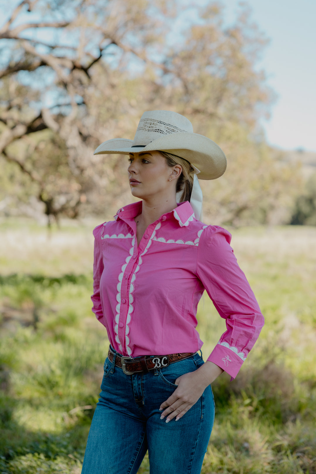 Ivy Scallop Trim Cotton Blouse – Pink