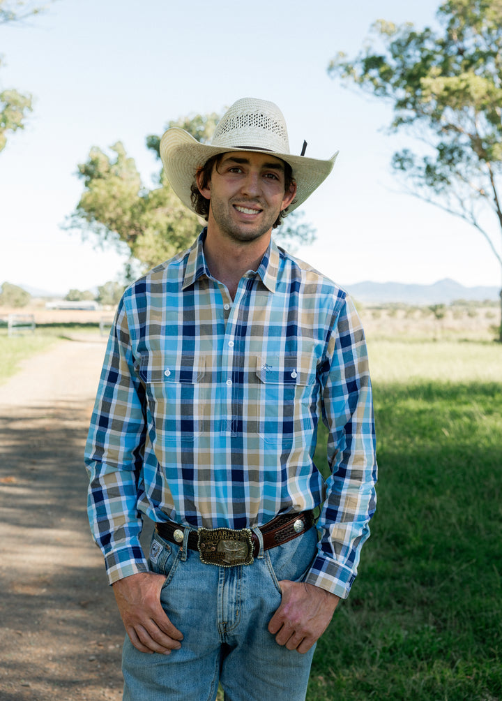 Mens Half Button - Blue & Navy Check