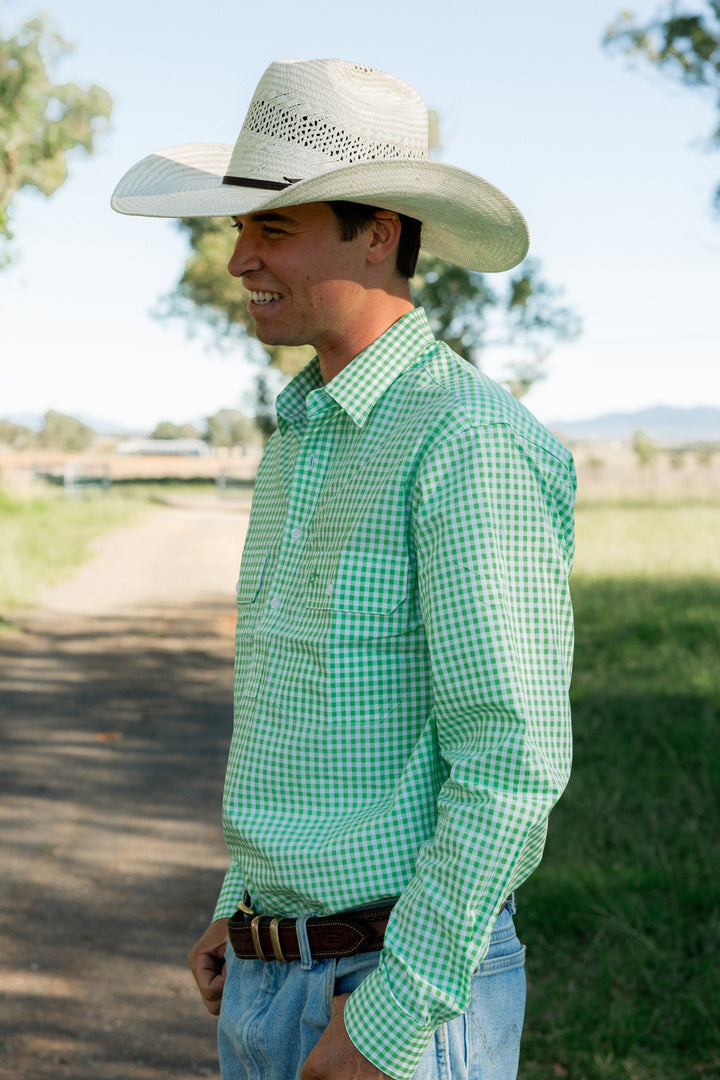 Mens Half Button - Green Check
