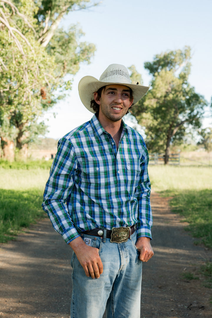 Mens Half Button - Green/Blue & White Check