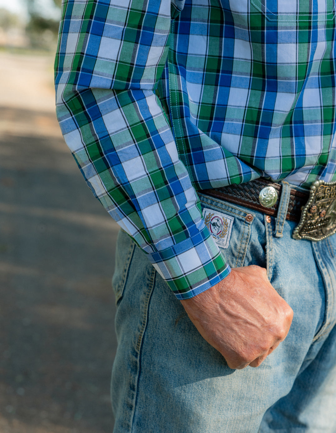 Mens Half Button - Green/Blue & White Check