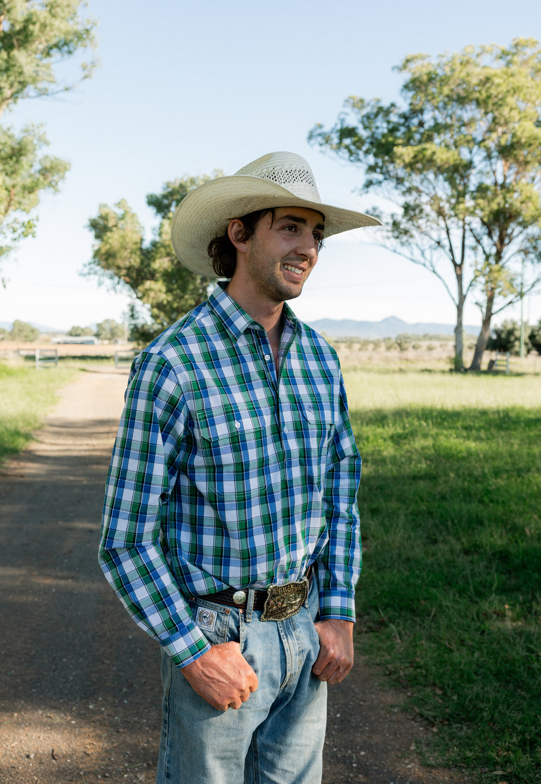 Mens Half Button - Green/Blue & White Check