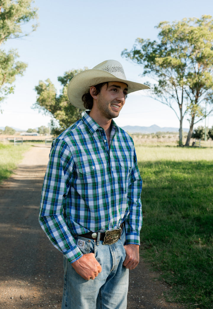 Mens Half Button - Green/Blue & White Check
