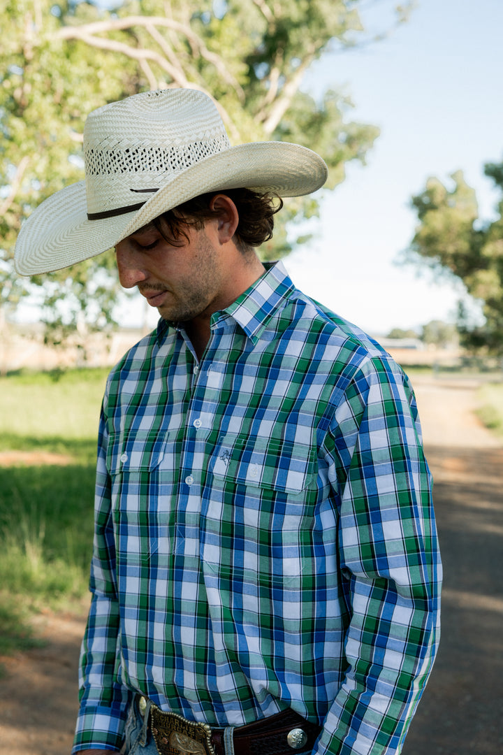 Mens Half Button - Green/Blue & White Check