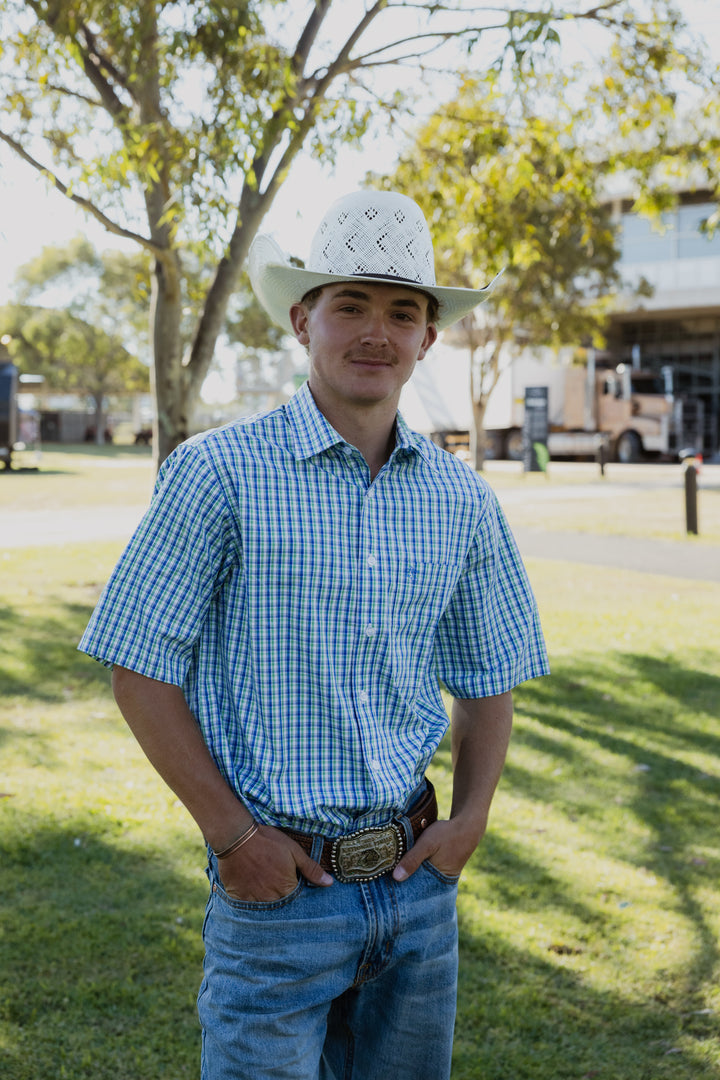 Mens Short Sleeve | Full Button | Green & Blue Check