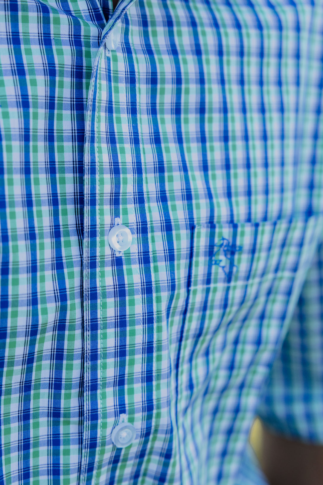 Mens Short Sleeve | Full Button | Green & Blue Check