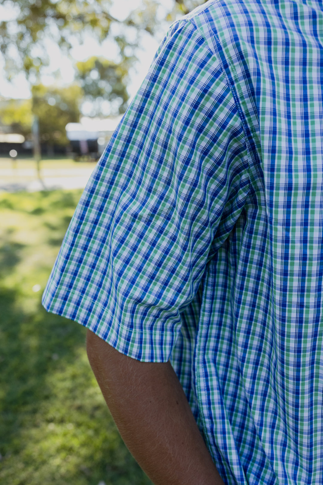 Mens Short Sleeve | Full Button | Green & Blue Check