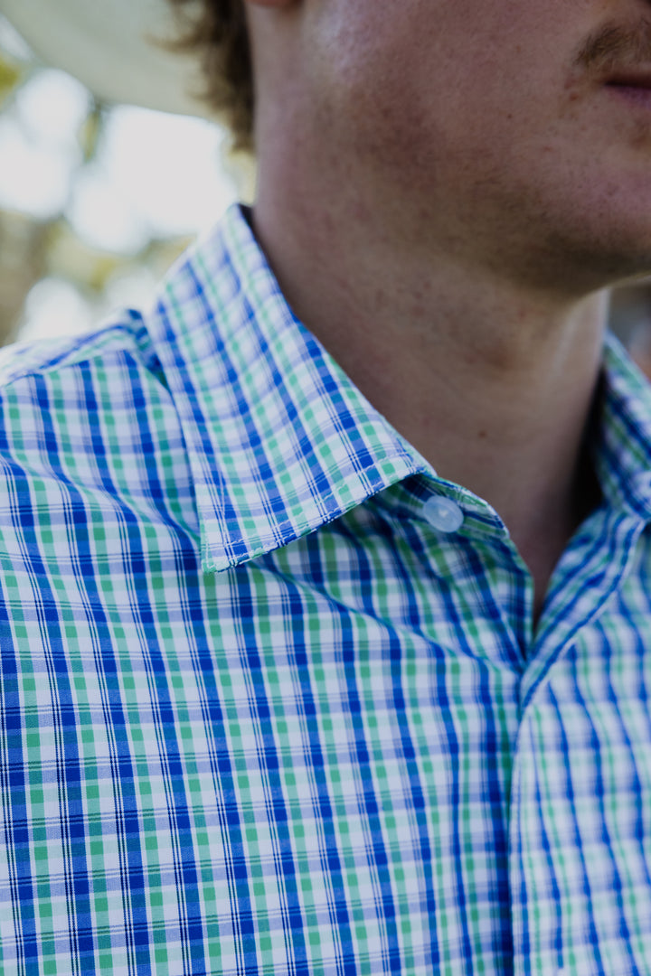 Mens Short Sleeve | Full Button | Green & Blue Check