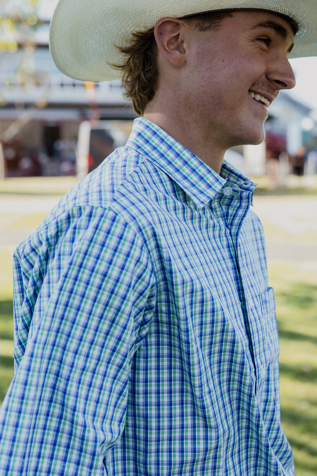 Mens Short Sleeve | Full Button | Green & Blue Check