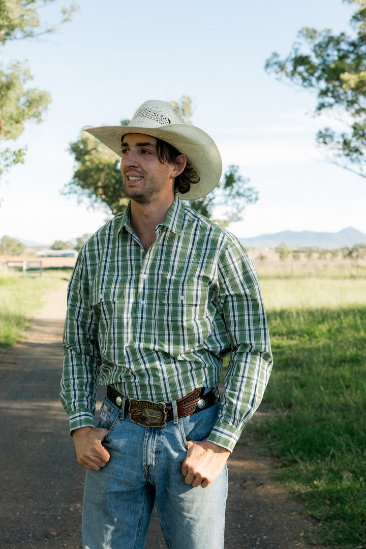 Mens Half Button - Green & Blue Check