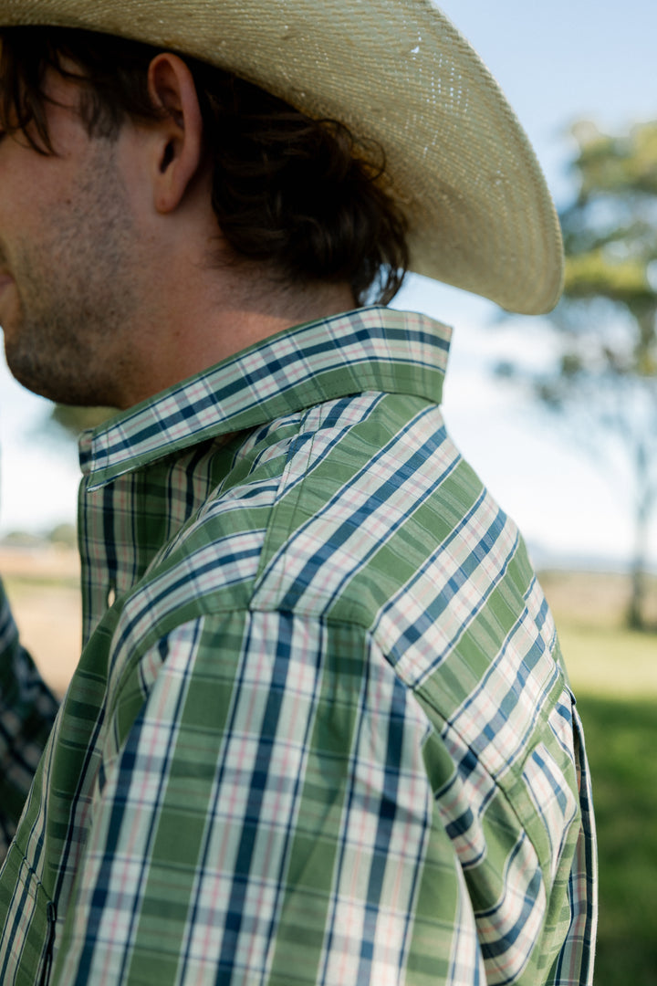 Mens Half Button - Green & Blue Check