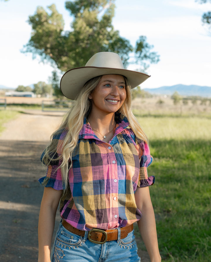 Women's Short Sleeve Shirt - Blue, Pink and Orange Check | Flattering & Durable for Women on the Go