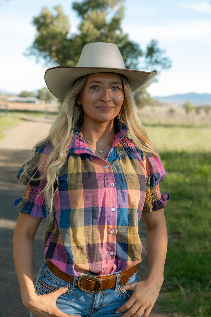 Women's Short Sleeve Shirt - Blue, Pink and Orange Check | Flattering & Durable for Women on the Go