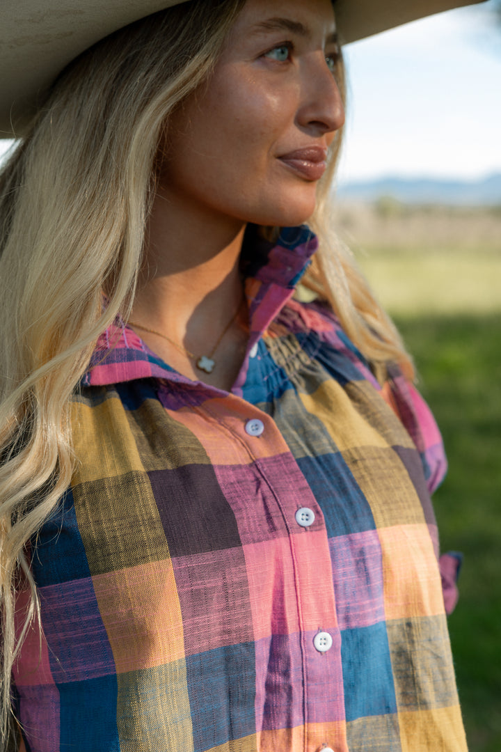 Women's Short Sleeve Shirt - Blue, Pink and Orange Check | Flattering & Durable for Women on the Go