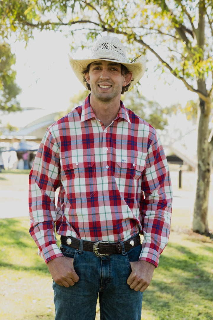 Mens Long Sleeve | HALF Button | Red Check