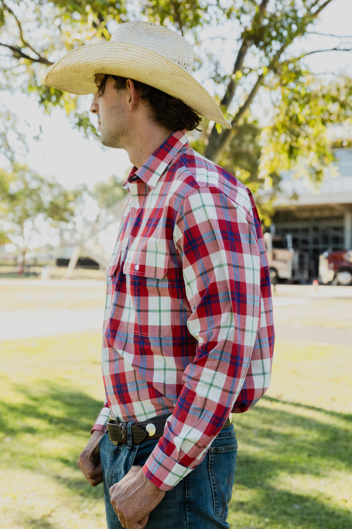 Mens Long Sleeve | HALF Button | Red Check