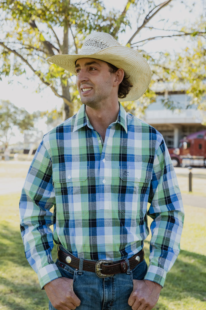 Mens Long Sleeve | HALF button | Green Plaid