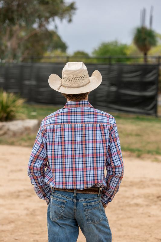 Mens Half Button Shirt - Red & navy check