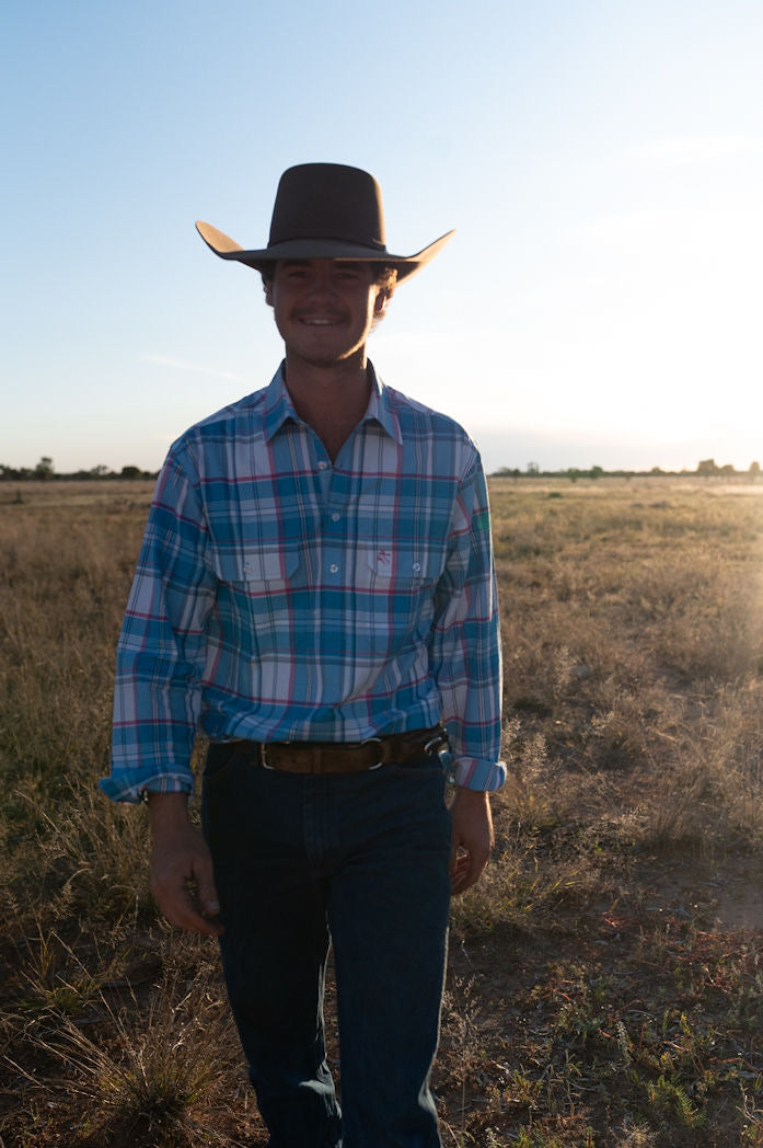 Mens Half Button Shirt - Blue & Pink Seersucker