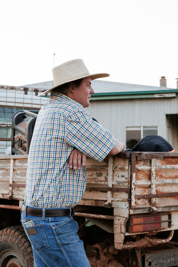 Mens Short Sleeve - Orange, Green & Blue Check