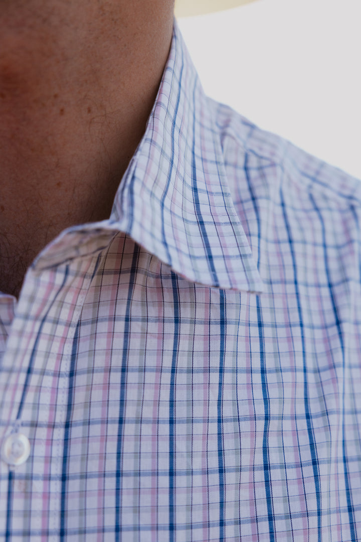 Mens Short Sleeve | Full Button | Blue & pink Check