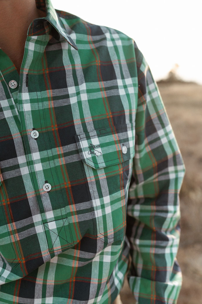 Mens Half Button Shirt - Green, Blue & Orange Plaid