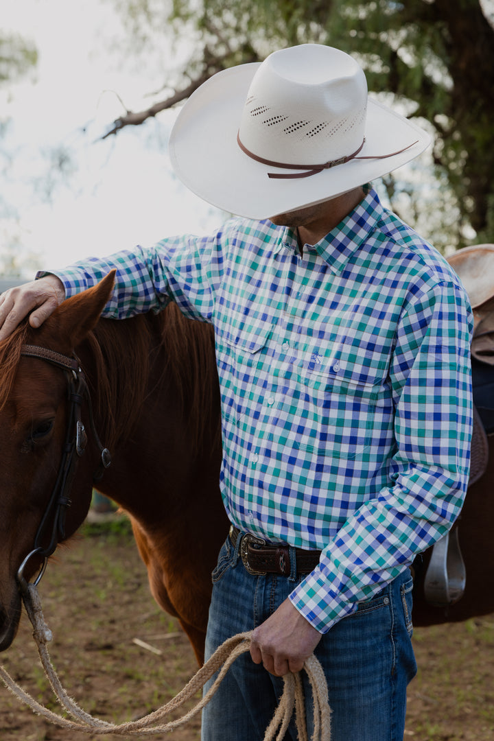 Mens Long Sleeve | FULL button | Blue/Aqua Check