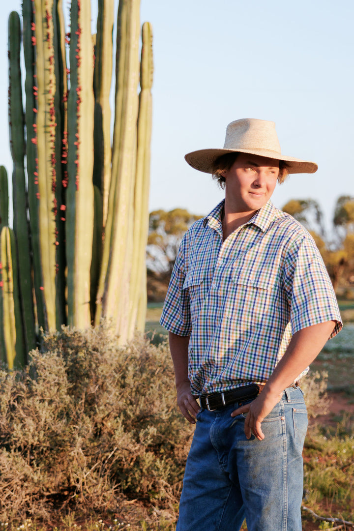 Mens Short Sleeve - Orange, Green & Blue Check
