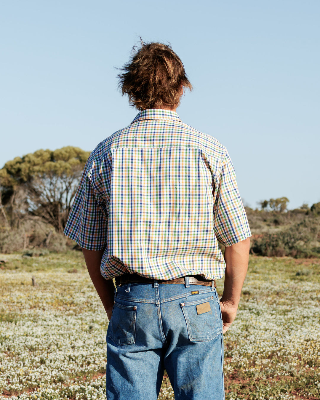 Mens Short Sleeve - Orange, Green & Blue Check