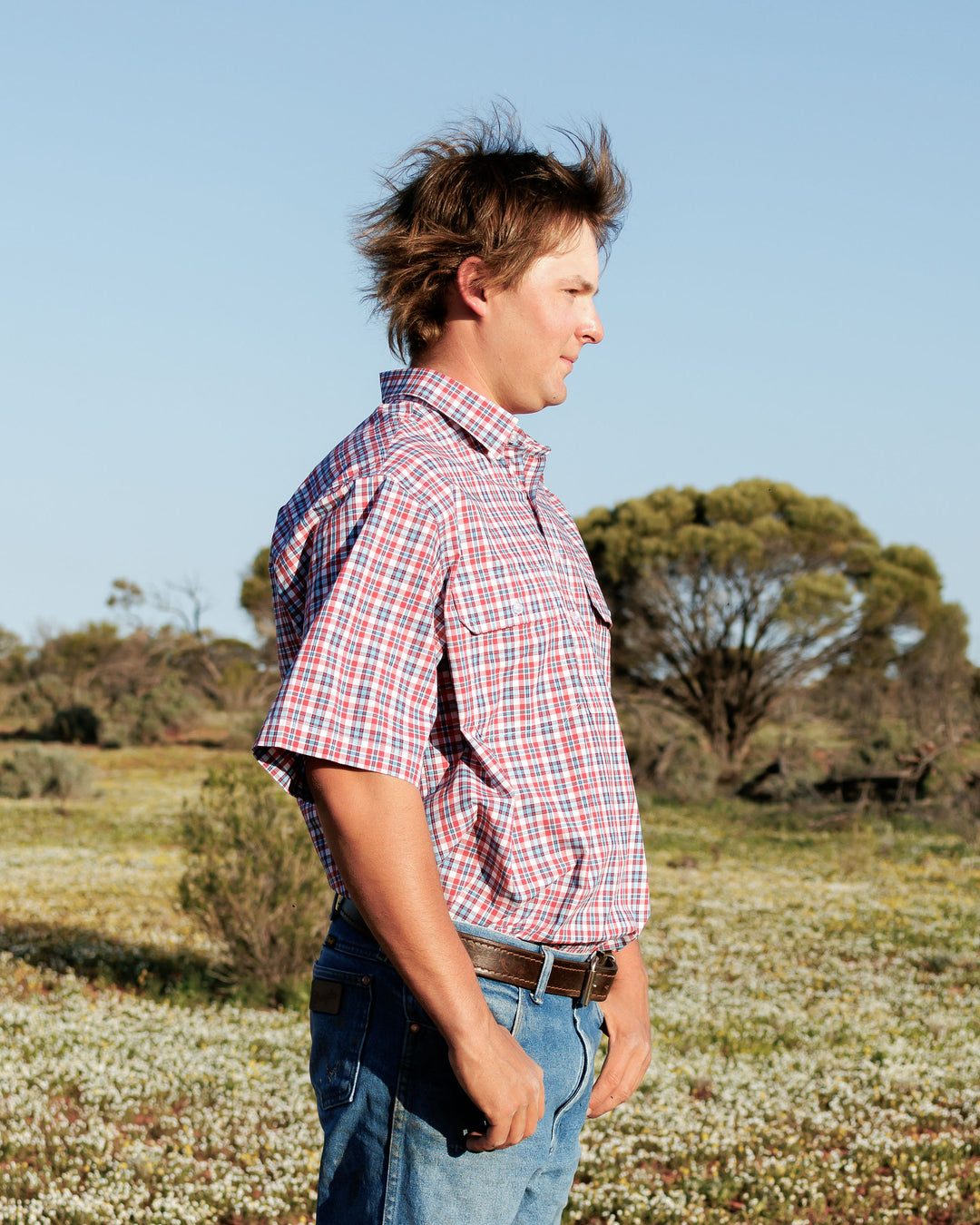 Mens Short Sleeve - Red & Blue Check