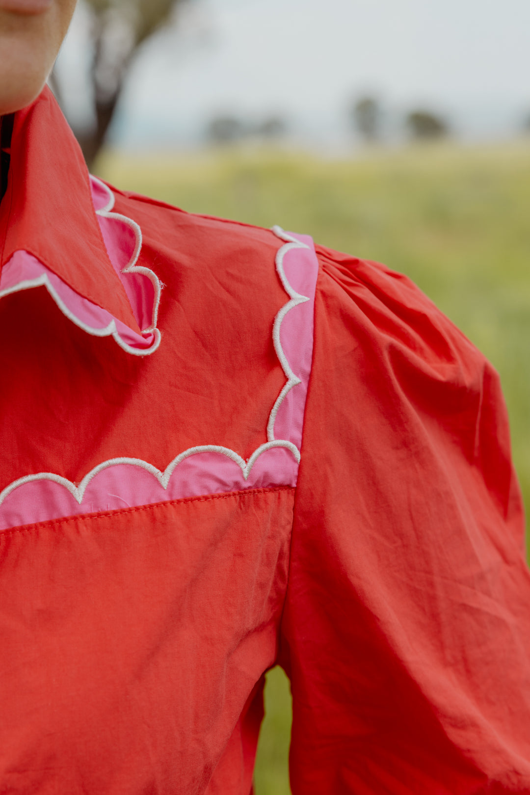 Ivy Scallop Trim Cotton Blouse – RED