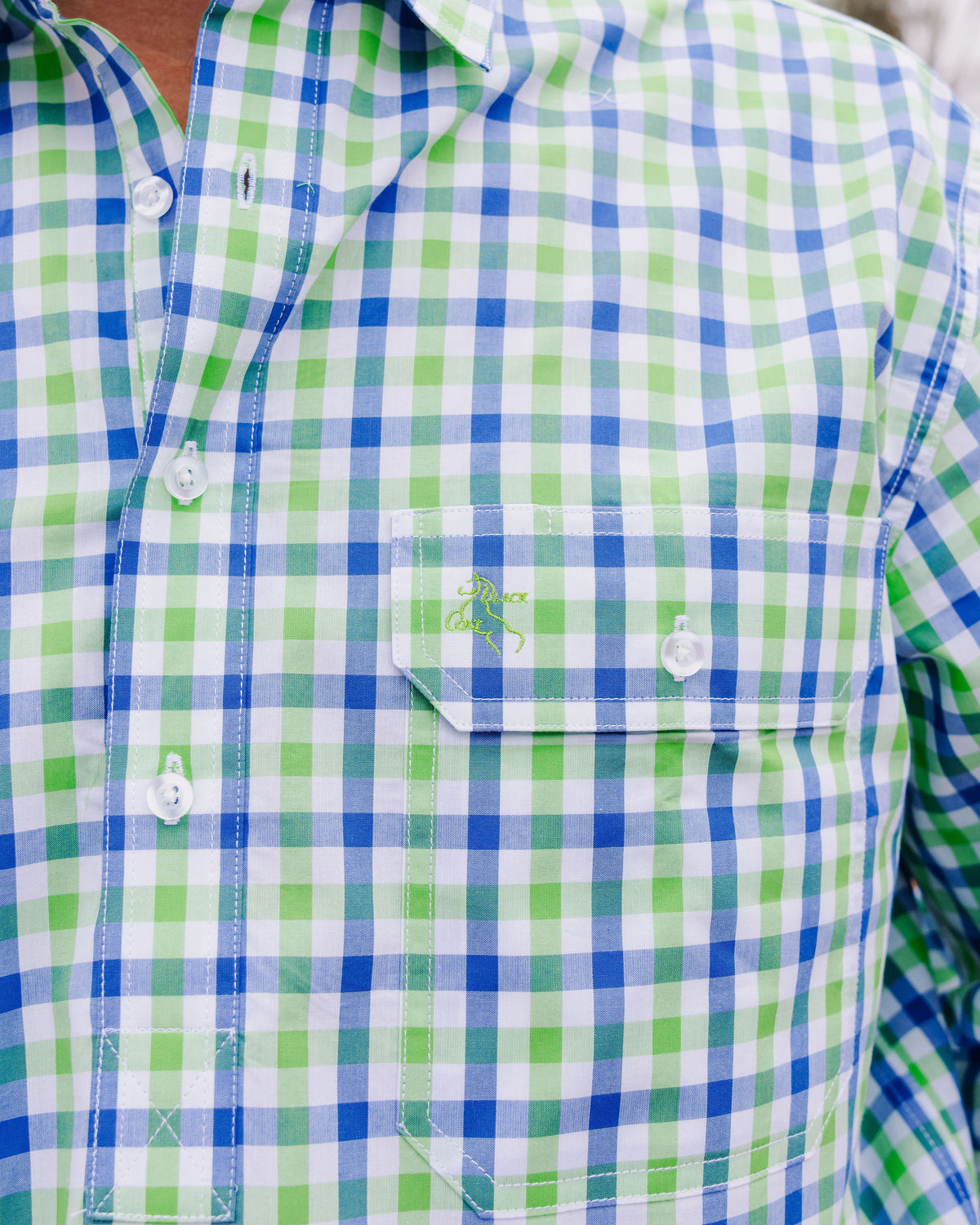 Men's Half Button Shirt - Green & Blue Check