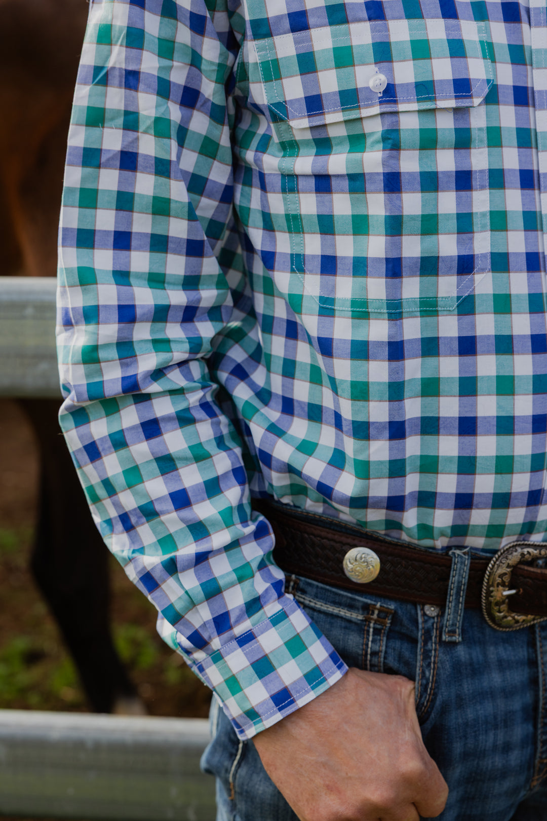 Mens Long Sleeve | FULL button | Blue/Aqua Check