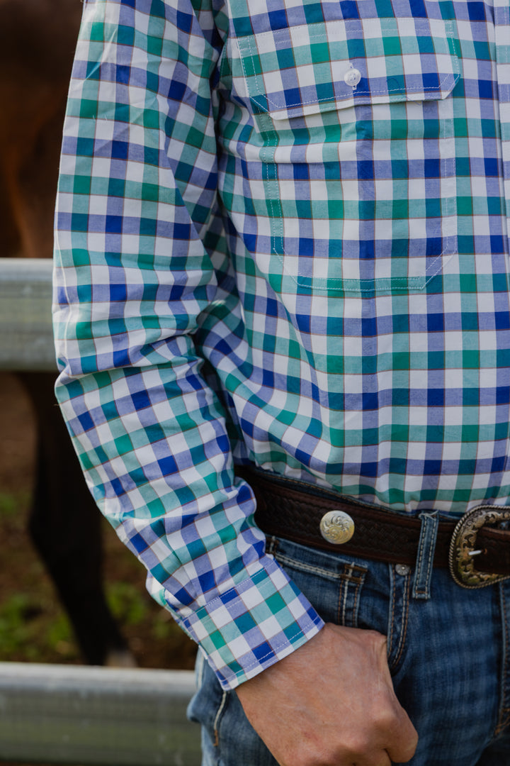 Mens Long Sleeve | FULL button | Blue/Aqua Check